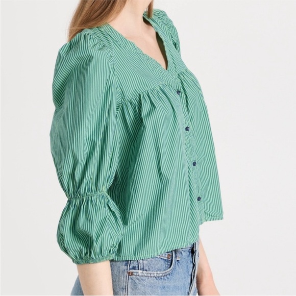 Nation LTD Geneva Blouse Havana Green Poplin Puff Sleeve Button Down Size Small - Picture 3 of 10